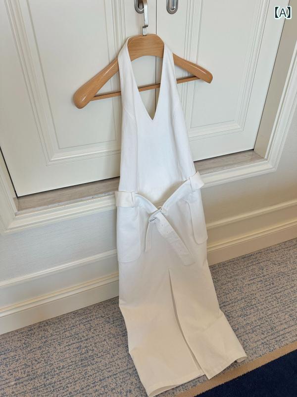 ワンピース レディース Vネック 高腰 デニム サロペット スカート ノースリーブ ロングワンピース ホワイト コットン 体系カバー 日韓 カジュアル