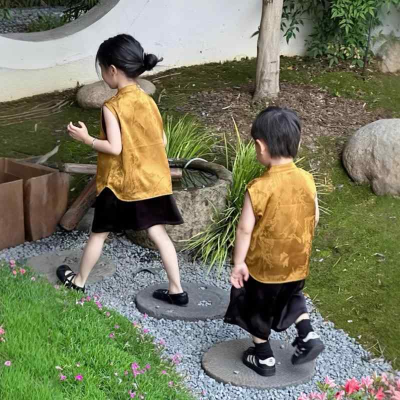 子供用タンクトップ パンツ 2点セット チャイナスタイル 唐装 中華風 ポリエステル 夏 ノースリーブ 5..