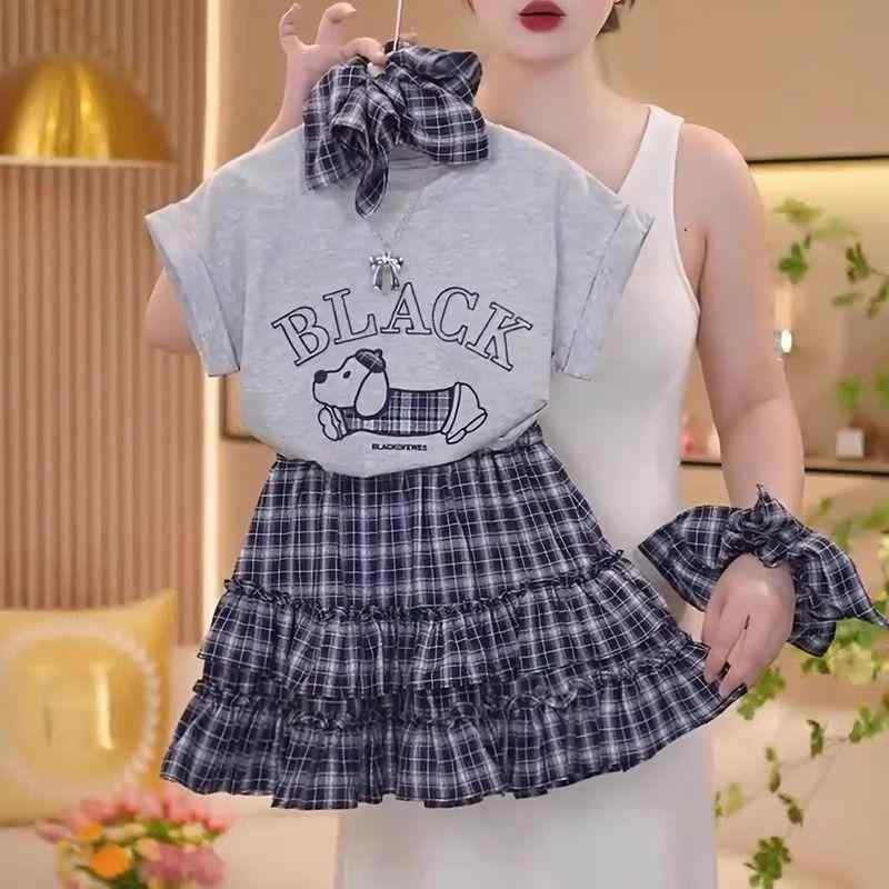 スカート キッズ 女の子 夏服 韓国風 おしゃれ かわいい チェック柄 半袖 薄手 上下セット 130 140 150 160 170cm