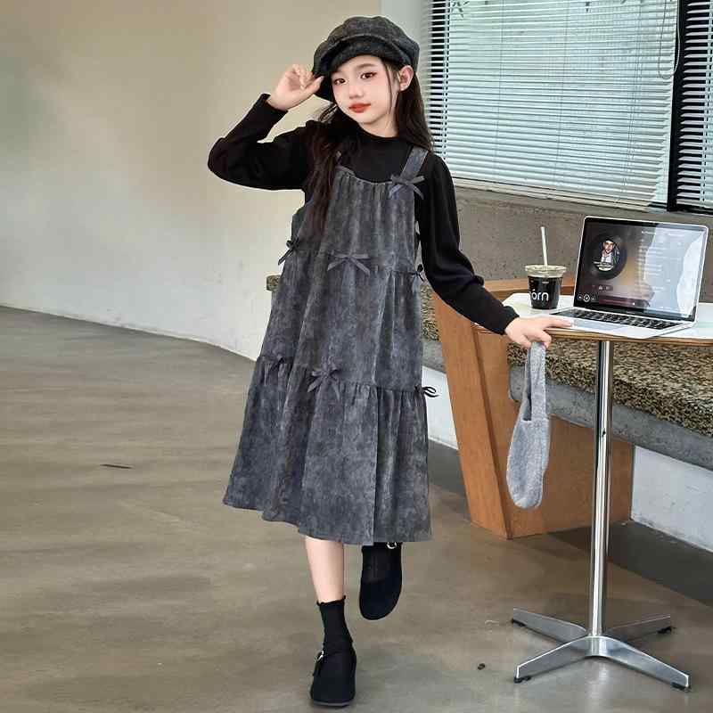 ワンピース キッズ 女の子 春秋 2点セット 印染 蝶結び サスペンダースカート トップス 韓国風 子供服 ..