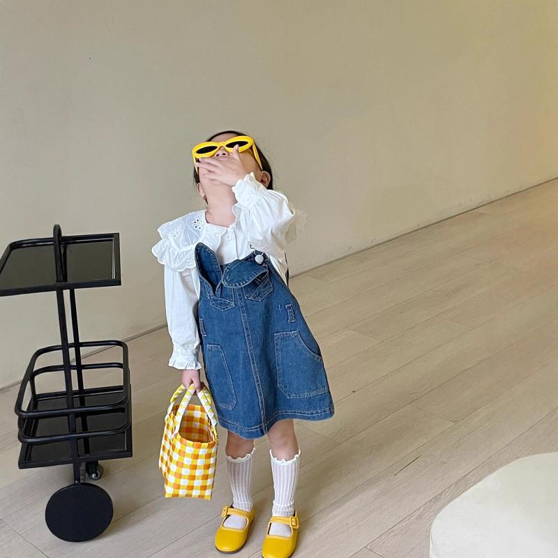 子供用セットアップ レース襟付きシャツ デニムサロペットスカート 春秋 長袖 コットン かわいい ガー..