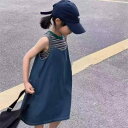 子供服 セットアップ 女の子 デニム ジャンパースカート ノースリーブ トップス ボーダー柄 タンクトップ 2点セット 綿100% 春夏 カジュアル