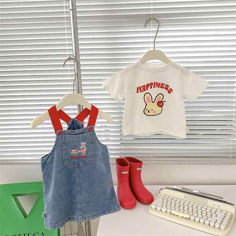 キッズ セットアップ 夏物 半袖 デニム ワンピース かわいい 動物柄 刺繍 薄手 2点セット