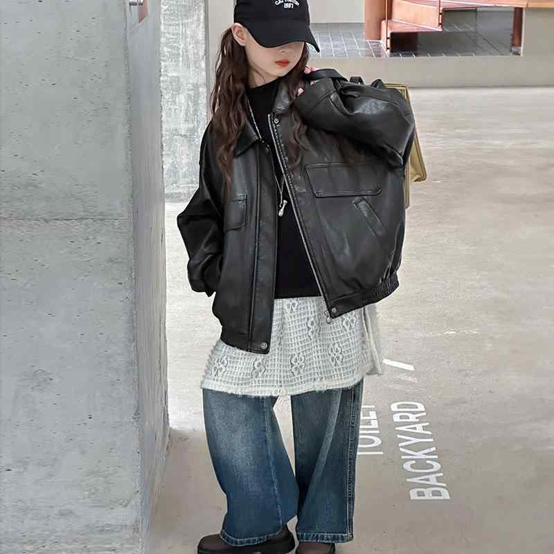 子供服 ジャケット 女の子 秋物 アウター 韓国風 おしゃれ かわいい ショート丈 PUレザー ジャンパー ..