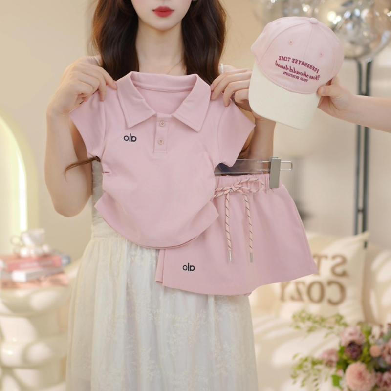 子供用セットアップ ガールズ 夏物 半袖ポロシャツ &amp; スカート 上下2点セット 綿 刺繍 薄手 かわいい ピンク系 イエロー系 グレー系 アイボリー 80 90 100 110 120 130 140
