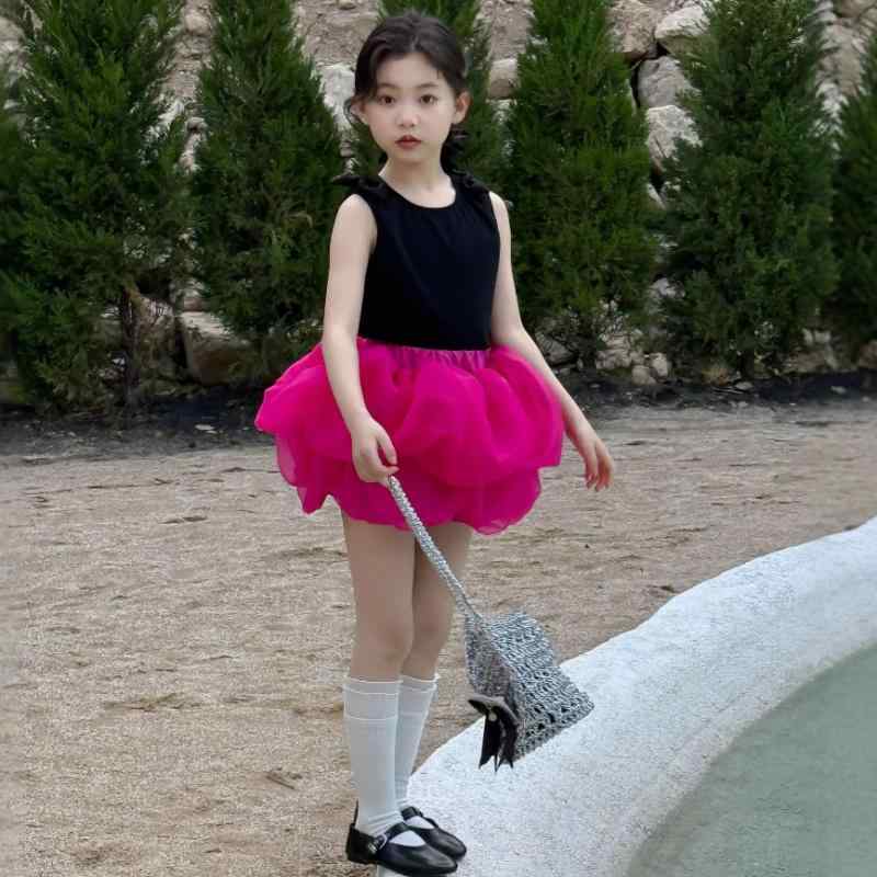 子供用セットアップ 女の子 ノースリーブトップス チュールスカート 2点セット ケーキスカート プリン..
