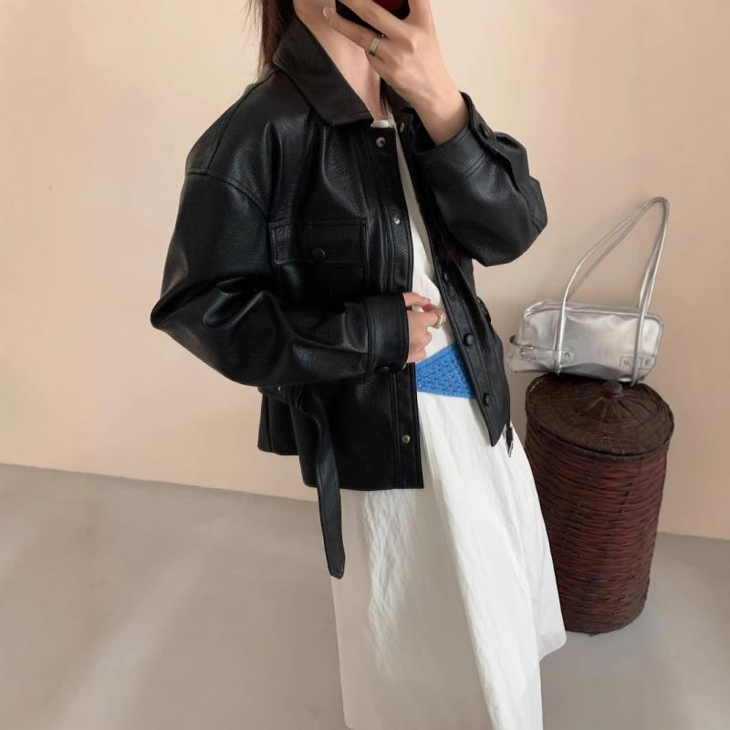 レザージャケット レディース Aライン PUレザー 皮革 アウター 黒 ブラック ドロップショルダー ショート丈 翻 Collar 秋冬