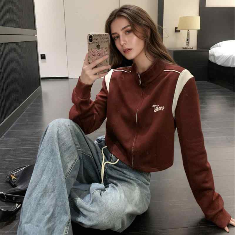 ジャケット レディース 春物 配色 アルファベット柄 プリント カジュアル スポーティー 長袖 立ち襟 街頭風 ブラック レッド