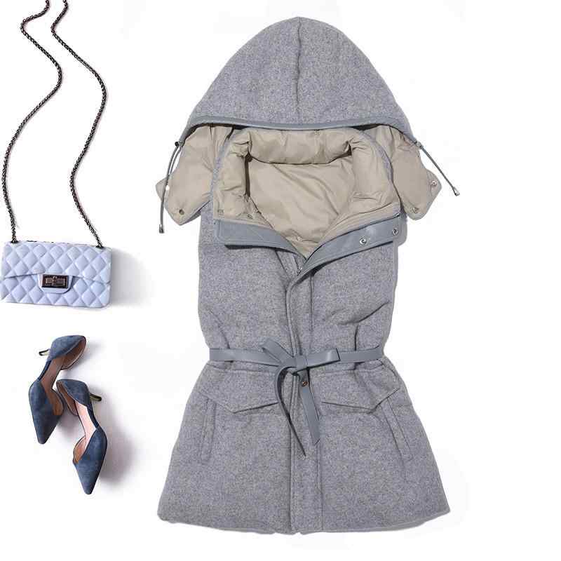 ダウンベスト レディース 羊毛混紡 暖かい 白グースダウン フェザー 中綿 ゆったり ミドル丈 グレー ベ..