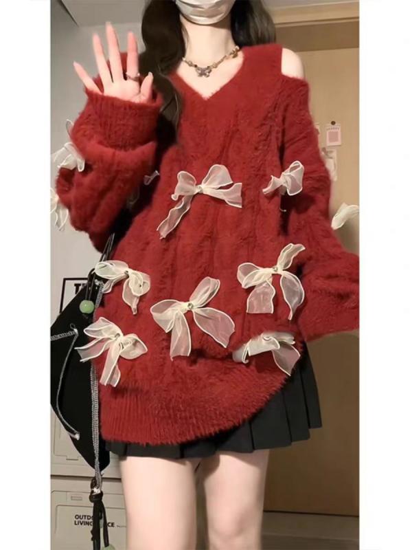 ニット レディース チョーカー Vネック 蝶結び ゆったり かわいい プリンセススリーブ ノースリーブ プ..