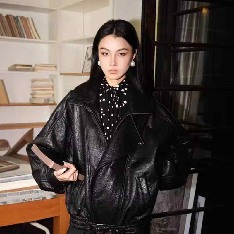 ジャケット レディース ヴィンテージ調 ダブルカラー 羊革 ブラック 黒/ダークブラウン ゆったり 長袖 レザージャケット 秋冬 シープスキン 本革