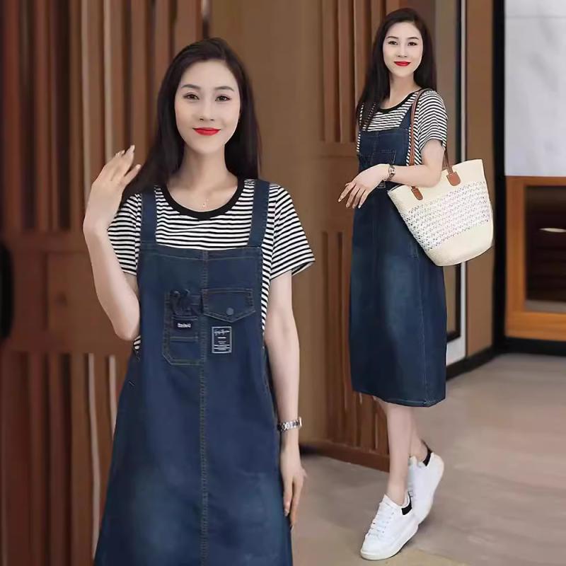 ワンピース レディース 高腰 デニム Aライン 半袖 膝丈 カジュアル ストライプ 切り替え チュニック 快適 普段使い 通勤着