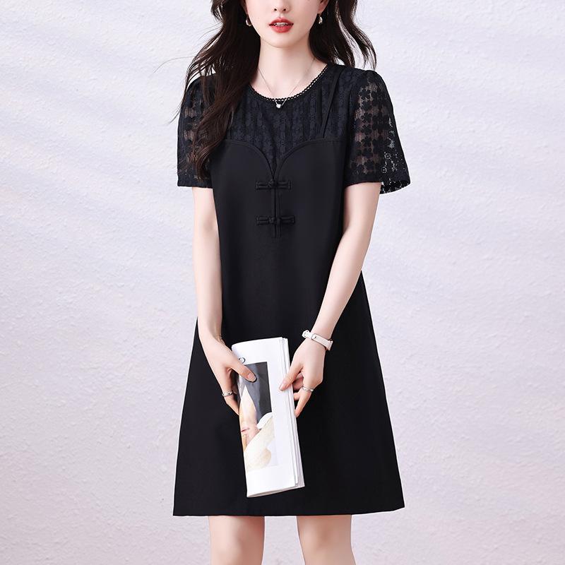 ワンピース レディース Aライン 半袖 膝丈 異素材切り替え レース ドッキングワンピース 体系カバー ゆったり ラウンドネック ミディアム丈 かわいい ポリエステル ブラック L XL 2XL 3XL 4XL 5XL