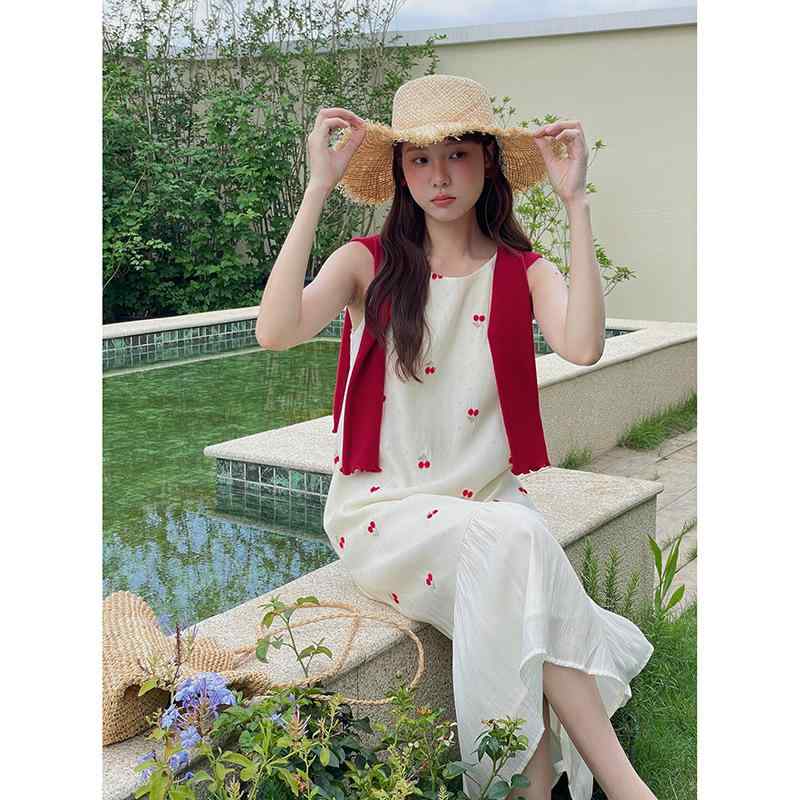 ワンピース レディース 韓国風 刺繡 ノースリーブ ミモレ丈 高腰 Aライン ギャザー チュールスカート 春夏 ポリエステル 花柄 S M