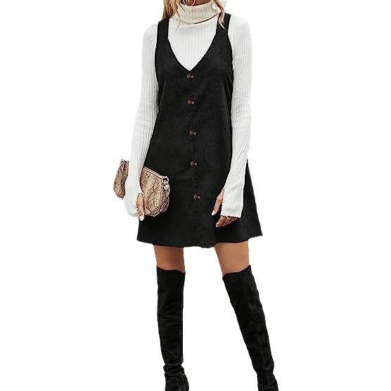 ワンピース レディース コーデュロイ ジャンパースカート Vネック Aライン ミディ丈 膝丈 ノースリーブ ゆったり 楽ちん 伸縮性 無地 黒 ブラック ブラウン 茶色 秋冬