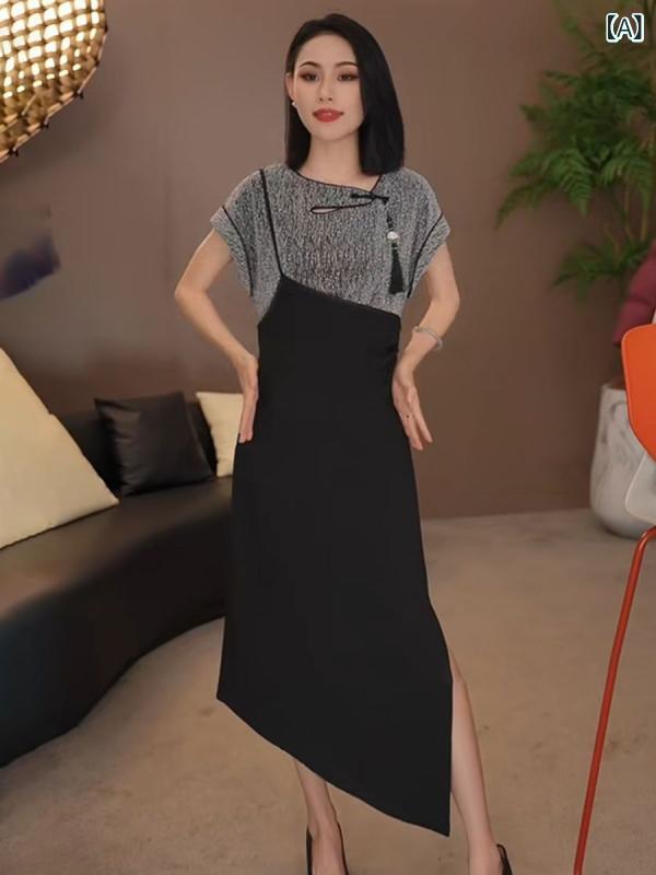 ワンピース レディース 春夏 半袖 ラウンドネック 切り替え アシンメトリー ポリエステル 高見え ミディ丈 ブラック