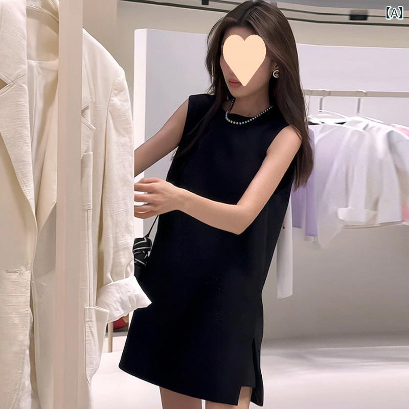 ワンピース レディース 高級感 ブラック 黒 ノースリーブ フレンチスタイル スタイルアップ 斜めがけデザイン 粘胶繊維 7分丈