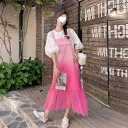 ワンピース レディース デニム サロペットスカート グラデーション チュール 切り替え ロング マキシ丈 ギャザー ゆったり 春夏 ストリート カジュアル かわ...