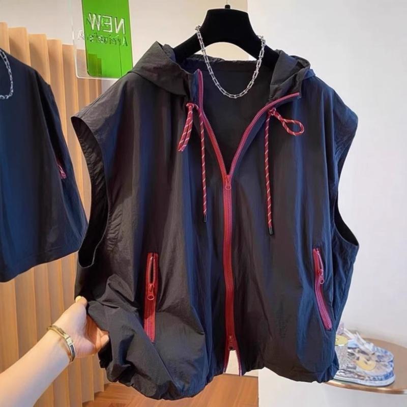 ベスト レディース 大きいサイズ フード付き ノースリーブ 薄手 スポーツウェア 速乾性 UVカット アウター トップス ブラック カーキ色 ライトグレー ワインレッド 普段使い 通勤着