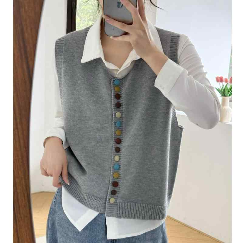 ニット レディース レトロ 高級感 ボタン留め ゆったり カジュアル 重ね着風 無地 トップス 深グレー ..