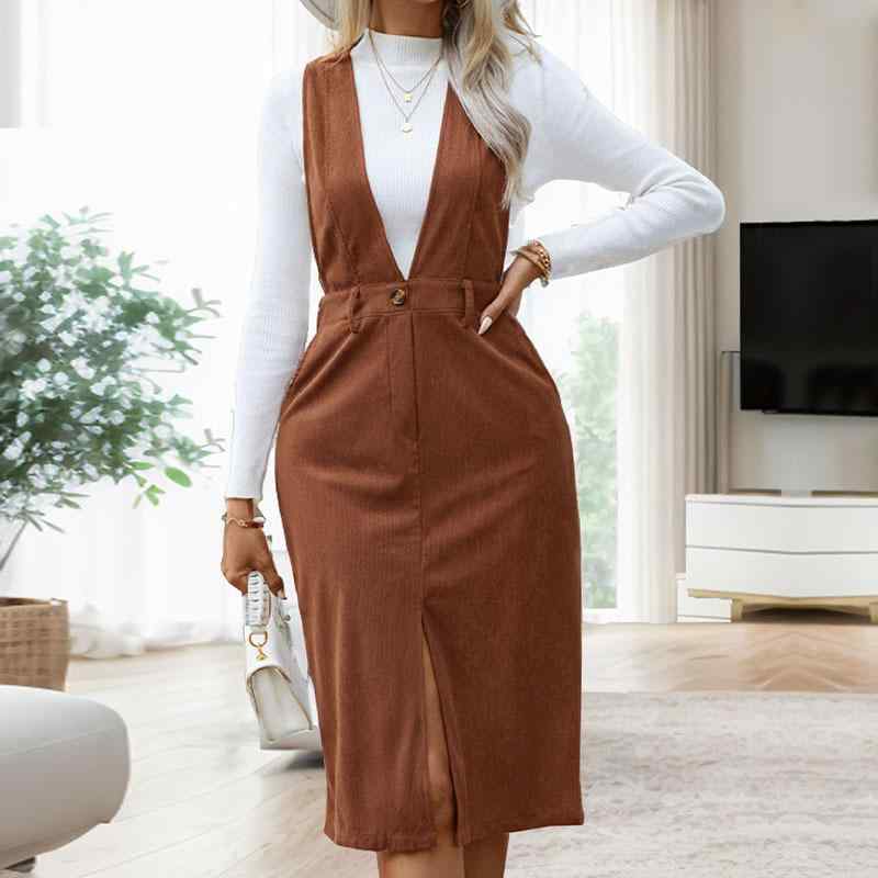 ワンピース レディース 吊りスカート コールテン Vネック ノースリーブ ミモレ丈 膝下丈 コーヒーブラ..