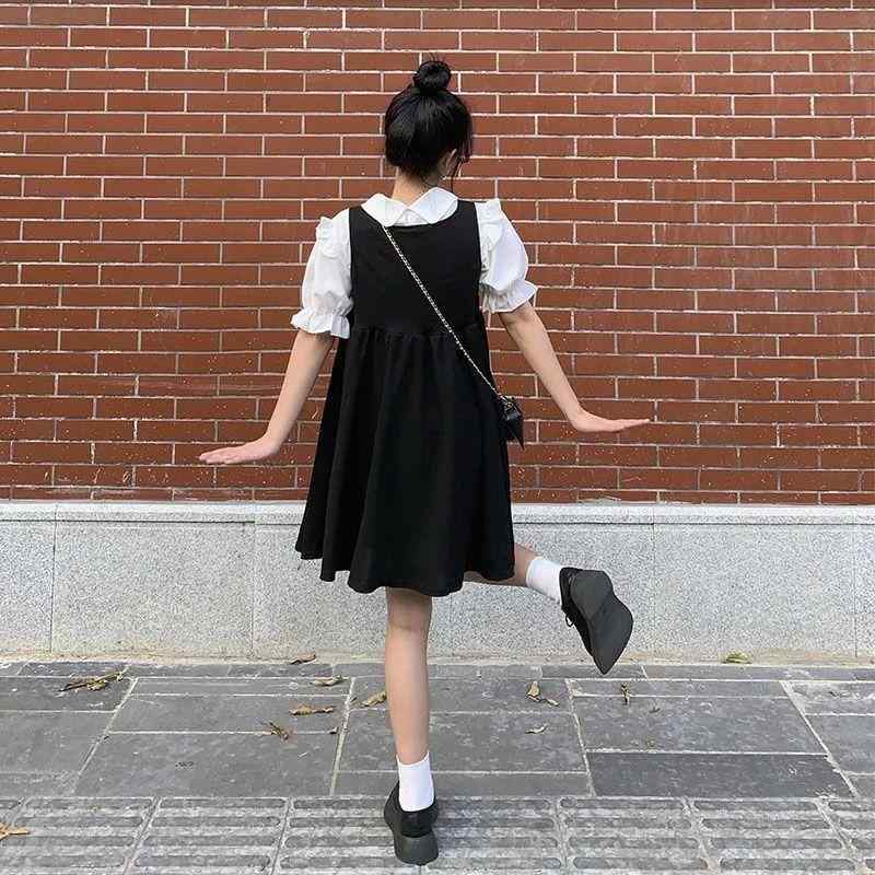 ワンピース レディース 夏 薄手 Aライン 膝上丈 背心ワンピース 2点セット 街頭風 トップス 半袖 泡泡袖 ポリエステル かわいい おしゃれ ブラック