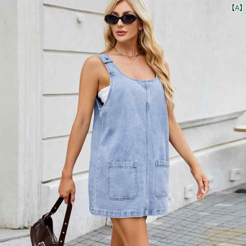 ワンピース レディース デニム サロペット ジャンパースカート Aライン ミモレ丈 ノースリーブ ブルー 春夏 古着風 カジュアル 普段使い