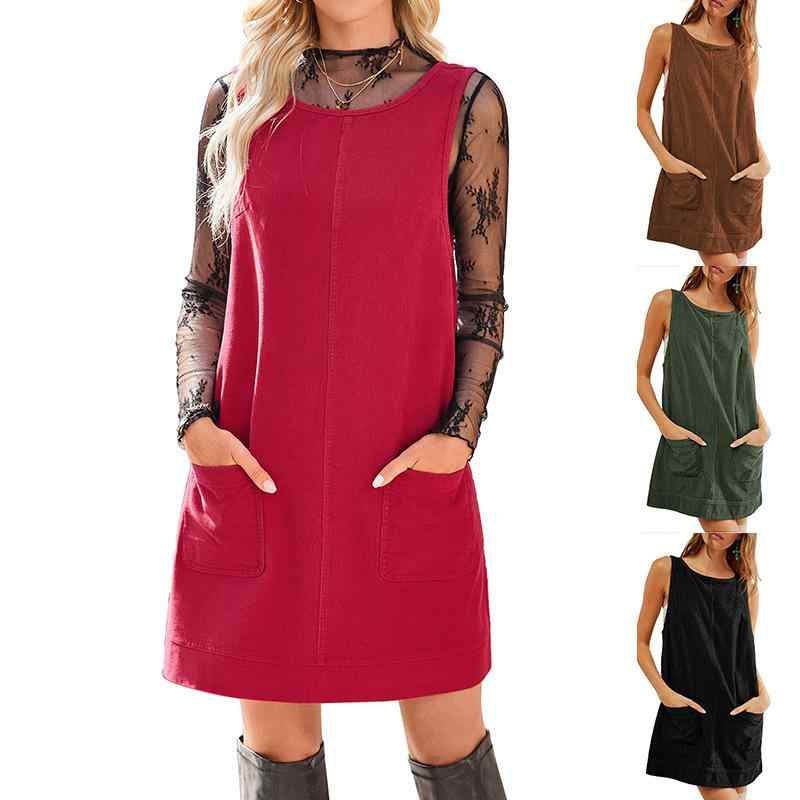 ワンピース レディース サロペット スカート コーデュロイ ポケット付き ノースリーブ 膝丈 ミモレ丈 Aライン チュニック 欧美風 焦糖色 カーキ ブラック レッド コットン ポリエステル