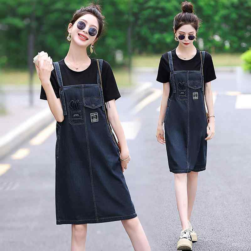 ワンピース レディース デニム Aライン 半袖 膝丈 3D 幾何学模様 ラウンドネック 黒 白 モノトーン ゆったり 普段使い