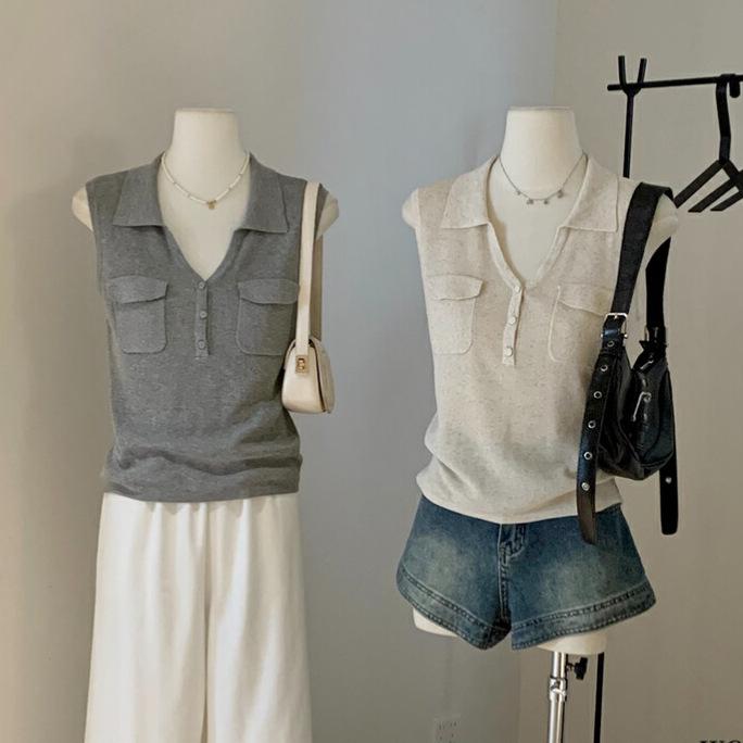 ベスト レディース 韓国風 Vネック ノースリーブ ニット トップス プルオーバー 杏色 グレー 無地 レーヨン 伸縮性 大人 かわいい きれいめ 私服 名媛 スタイル