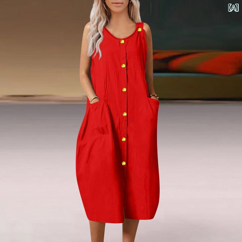 ワンピース レディース 綿麻 無袖 Vネック 背带裙 ロングワンピース Aライン ゆったり 欧美風 ストリート ビッグシルエット カジュアル 赤 黒 グレー カーキ ブルー グリーン S M L XL XXL XXXL