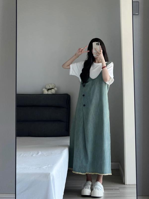 ワンピース レディース デニム ノースリーブ Vネック ジャンパースカート ロング ミモレ丈 Aライン 文芸 レトロ ウォッシュ加工 ユーズド風 ヴィンテージ風 かわいい おしゃれ 中国風