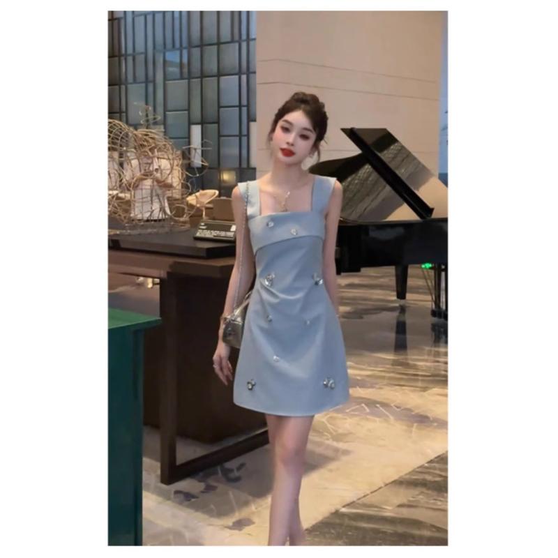 ワンピース レディース ノースリーブ Aライン ミニワンピース フレンチ 高見え 無地 カーキ 緑 ブルー パーティー ドレス