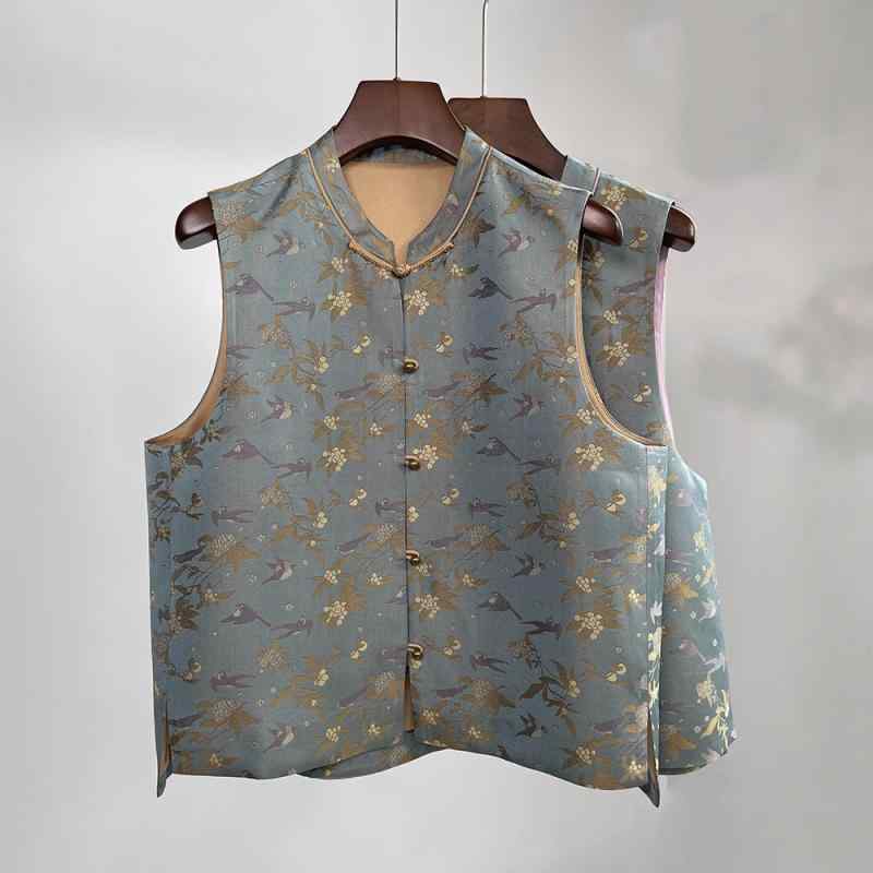 ベスト レディース 宋錦 桑蚕丝 チャイナ風 中国風 レトロ トップス スタンドカラー 枇杷山雀 S M L XL