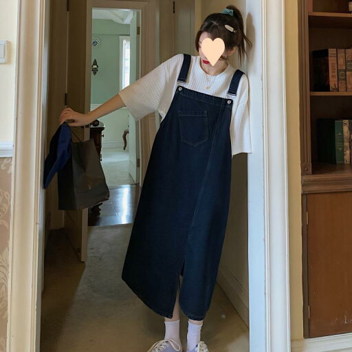ワンピース レディース デニム 背当て ジャンパースカート レトロ スリット デザイン かわいい 膝丈 ミモレ丈 ブラック 黒 ブルー 春夏 ワンピース レディース デニム 背当て ジャンパースカート レトロ スリット デザイン かわいい 膝丈 ミモレ丈 ブラック 黒 ブルー 春夏