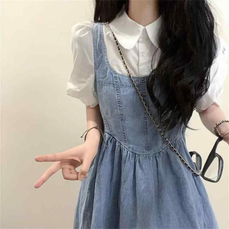 デニム レディース サロペットワンピース 春夏 Aライン 膝丈 ミモレ丈 ノースリーブ ブルーストリート カジュアル かわいい 体型カバー