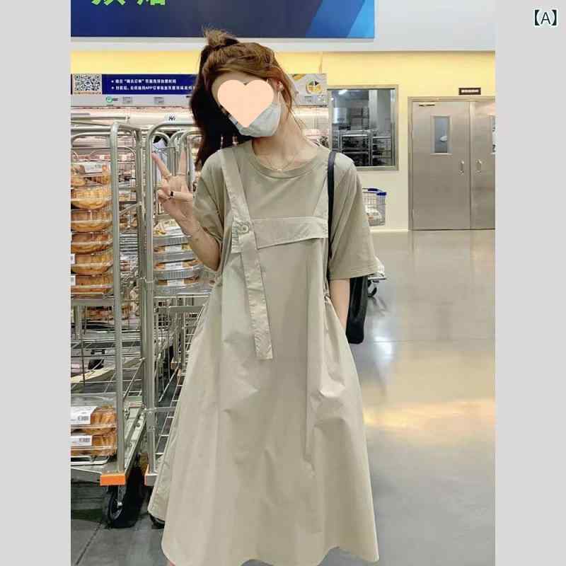 ワンピース レディース 半袖 コットン 切り替え カーキグリーン ドッキング Aライン ミディ丈 普段使い