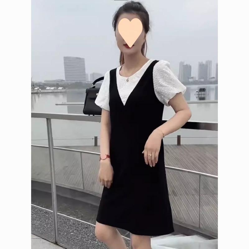 ワンピース レディース ブラック Aライン 膝丈 ミディ丈 パフスリーブ 半袖 2024年春夏 街頭 カジュアル かわいい おしゃれ