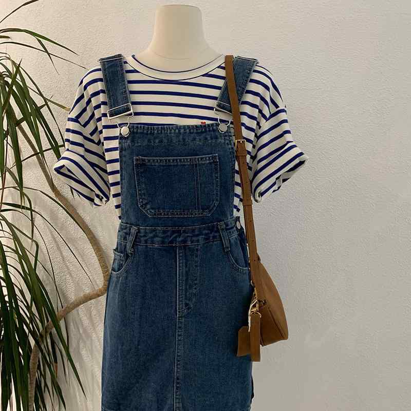 ワンピース レディース デニム サロペットスカート ミディ丈 高見え スクエアネック ノースリーブ Aライン フレア ハイウエスト 切り替え かわいい ガーリー フェミニン 深青