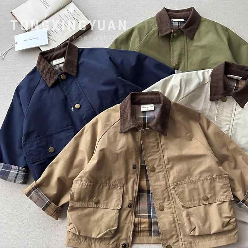 キッズ ジャケット 男女兼用 子供服 長袖 アウター 春秋 上着 無地 綿 ミドル丈 ベージュ 紺色 カーキ ..