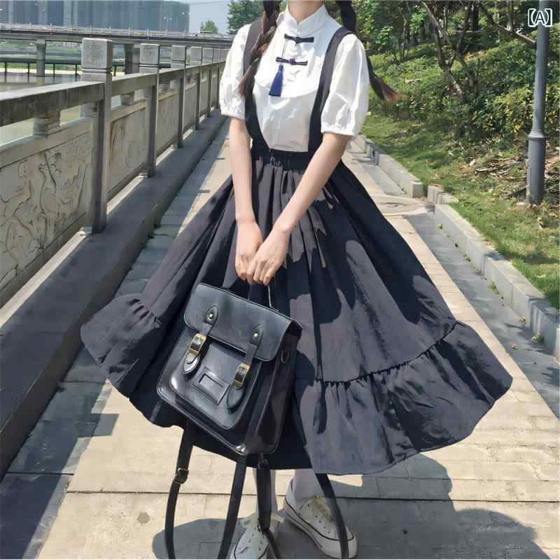 ワンピース レディース 新 中華風 国風 シャツ 古風 サスペンダースカート 甘め レトロ 2点セット 学院風 ポリエステル ブラック ブルー 中長スカート