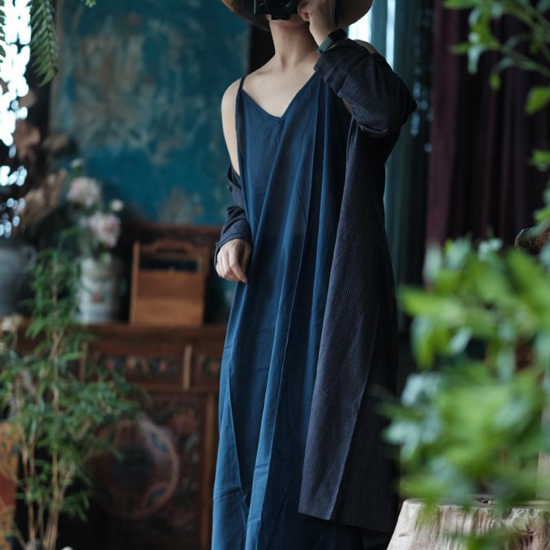 ワンピース レディース 文芸復古 Aライン 深藍色 コットン 膝丈ワンピース 調節可能 ゆったりサイズ 長袖 無地 ラウンドネック 快適 普段使い