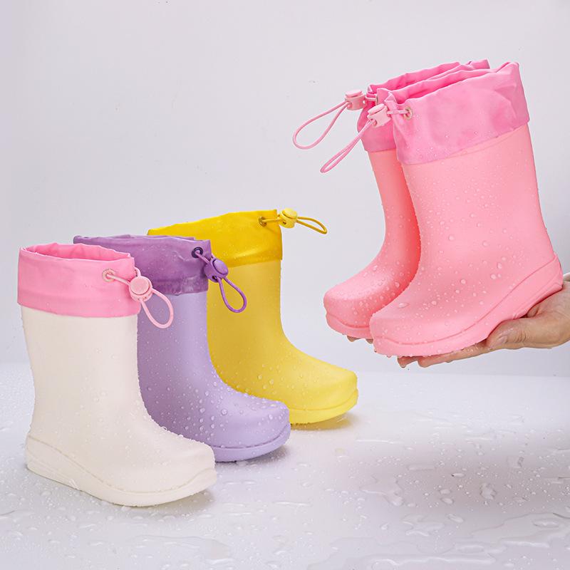 雨靴 キッズ 子供 レインシューズ 裸足で履ける ラバーシューズ 包み縁 パステルカラー 無地 ローヒー..