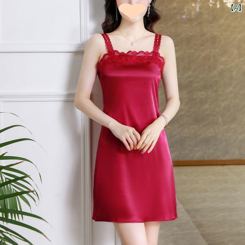 ワンピース レディース 背带裙 吊带ワンピース ミニワンピース 膝上 膝丈 接触冷感 伸縮性 ポリエステル レース 切り替え 無地 ワインレッド シャンパン ブラック ホワイト グリーン パープル グレー