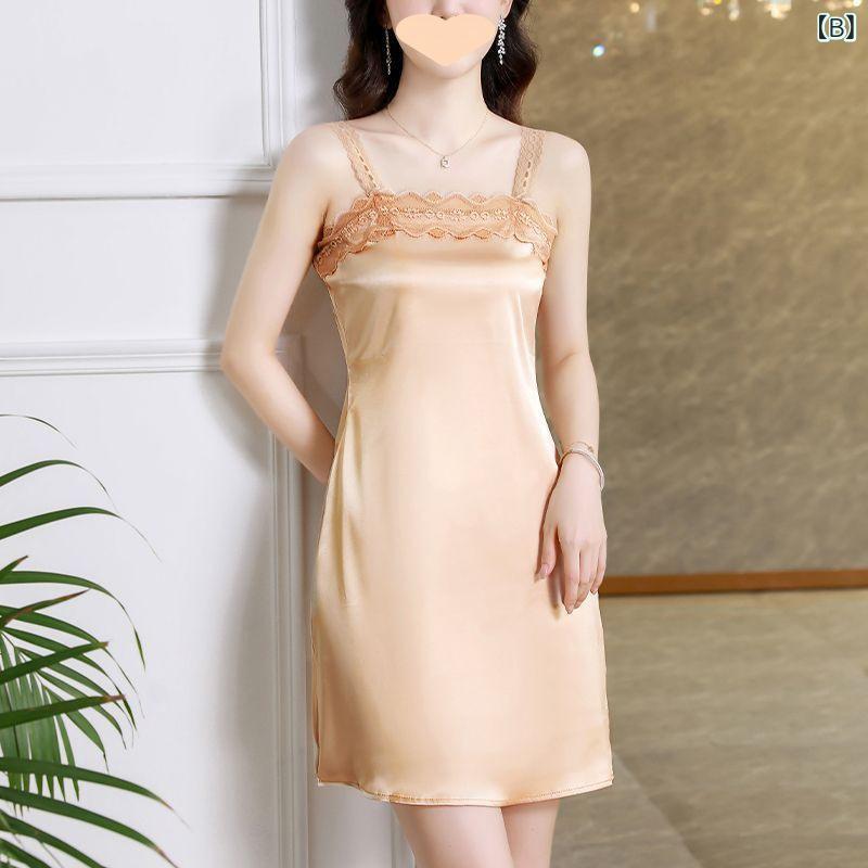 ワンピース レディース 背带裙 吊带ワンピース ミニワンピース 膝上 膝丈 接触冷感 伸縮性 ポリエステル レース 切り替え 無地 ワインレッド シャンパン ブラック ホワイト グリーン パープル グレー