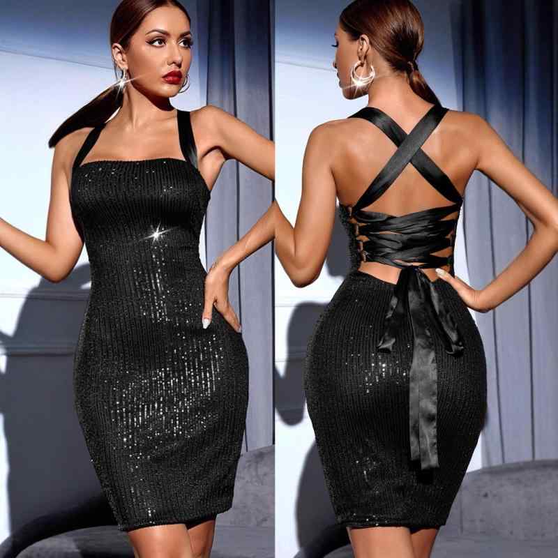 ワンピース レディース セクシー レトロ グリッター スパンコール Aライン ミニドレス ノースリーブ ブ..