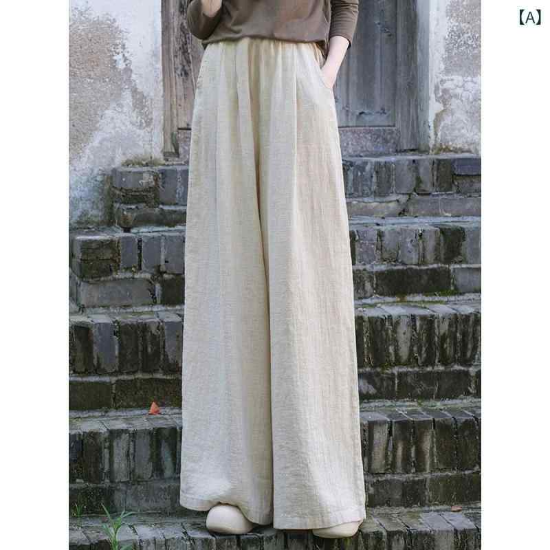 Tanzanのワイドパンツ レディース リネン 混紡 春夏 涼しい ゆったり 楽ちん スカンツ ガウチョパンツ 文芸復古 チャイナ風 麻色 黒 オレンジ 紫 S M L XL 2XL 3XL｜アングル2