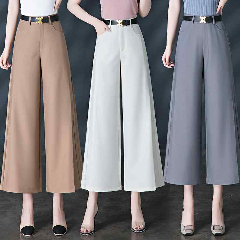 パンツ レディース ワイドレッグパンツ 春秋 高腰 ゆったり 9分丈 キュロットスカート カジュアル ポリエステル混紡 灰色 白 黒 ベージュ