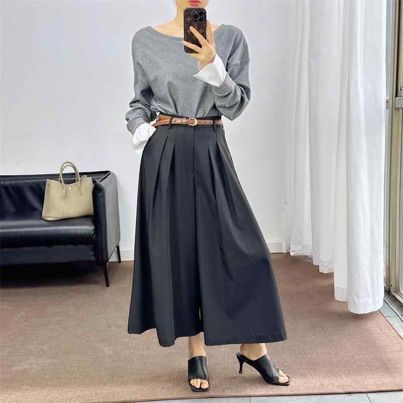 スカート レディース 春夏秋冬 黒 クロップド丈 ワイドパンツ 高見え TR素材 高身長 小柄 ブラック アイボリー グリーン オフィス カジュアル