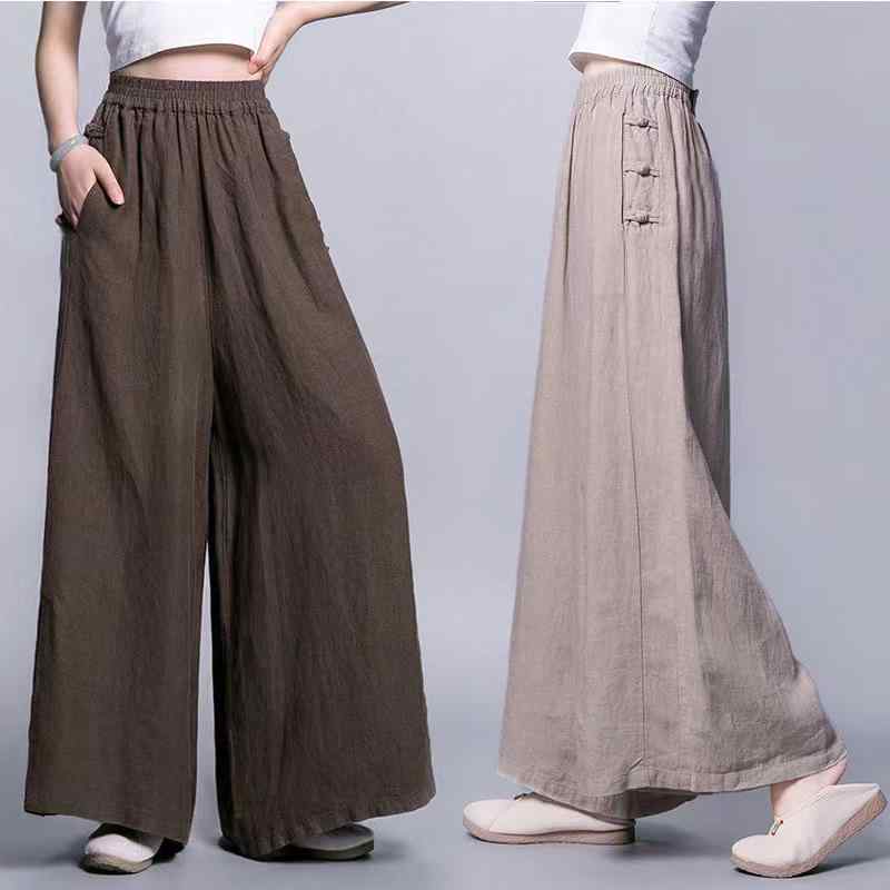 パンツ レディース 春夏 綿麻 ワイドレッグパンツ スカーチョ 高通気性 ハイウエスト ゆったり 9分丈 杏色 黒 コーヒー色 文芸復古 リラックス